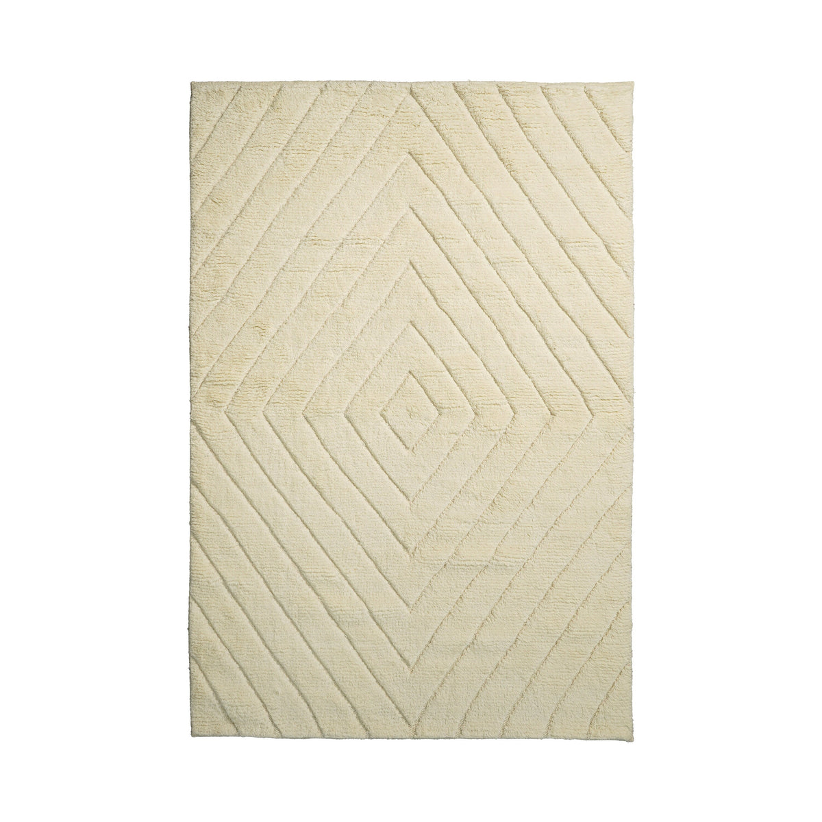 Ivory abstract geometric wool rug, flat lay view