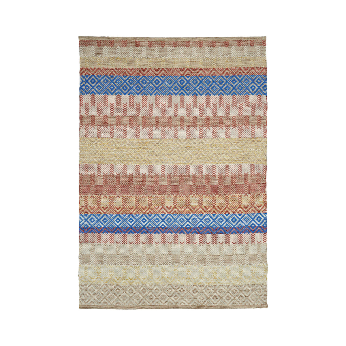 Beige striped rug styled in Scandinavian living room