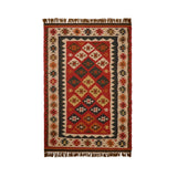 Close-up of flatwoven PET yarn texture on red rug