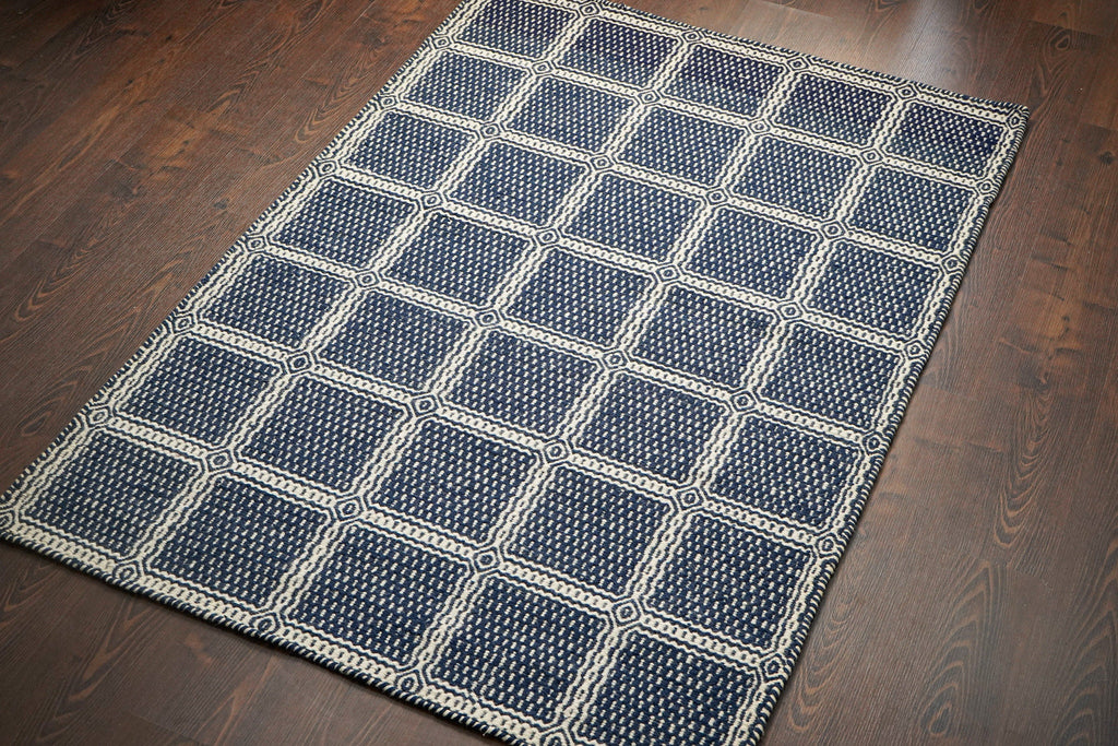 Handwoven Blue Geometric Flat Weave Modern Boho wool Area Rug , Customization available