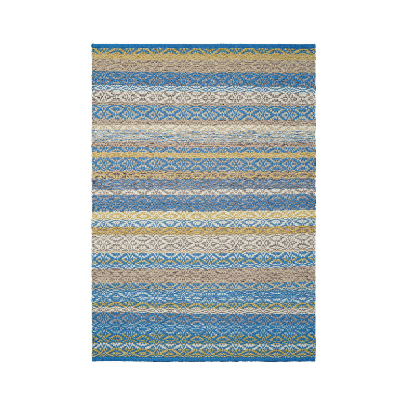 Blue and yellow textured wool kilim rug, full flat view