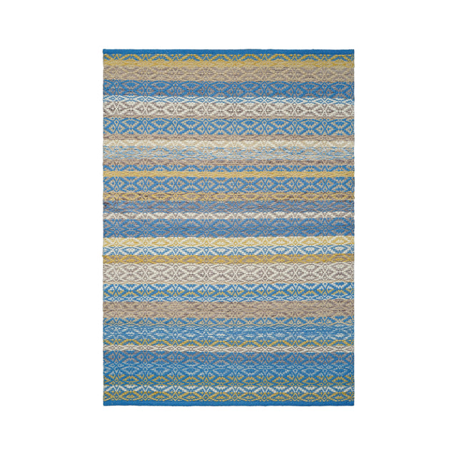 Blue and yellow textured wool kilim rug, full flat view