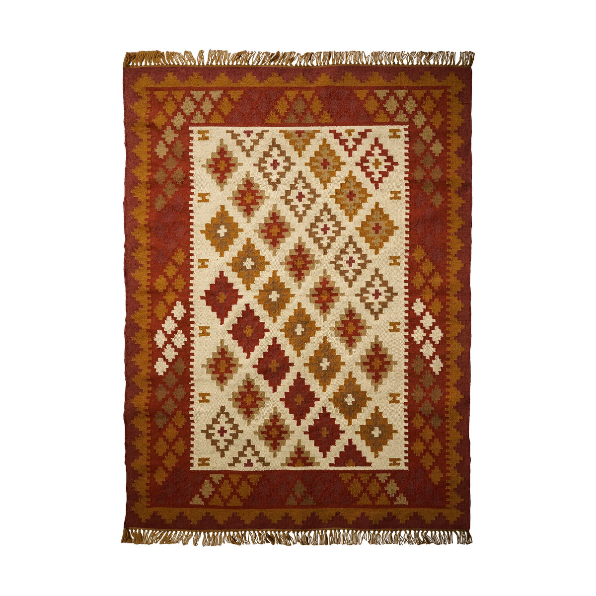 Kilim rug corner view showing earthy tones