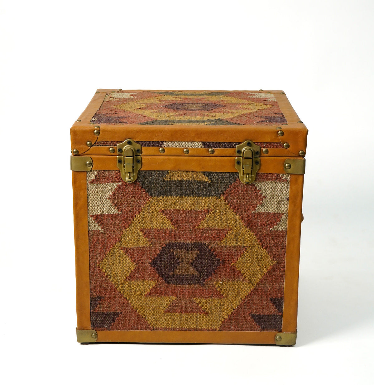 Kilim trunk box styled as a coffee table in a living room