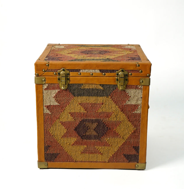 Kilim trunk box styled as a coffee table in a living room