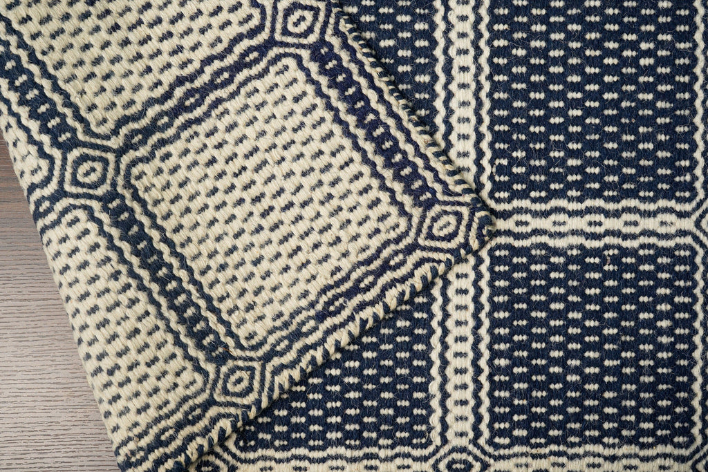 Handwoven Blue Geometric Flat Weave Modern Boho wool Area Rug , Customization available