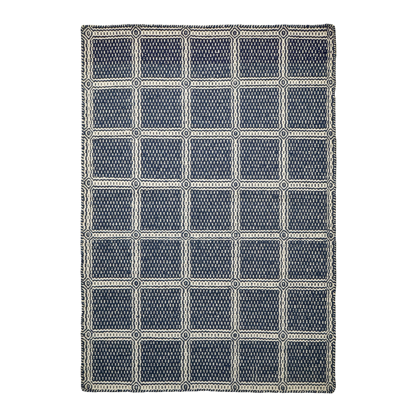 Blue geometric wool rug, full flat view