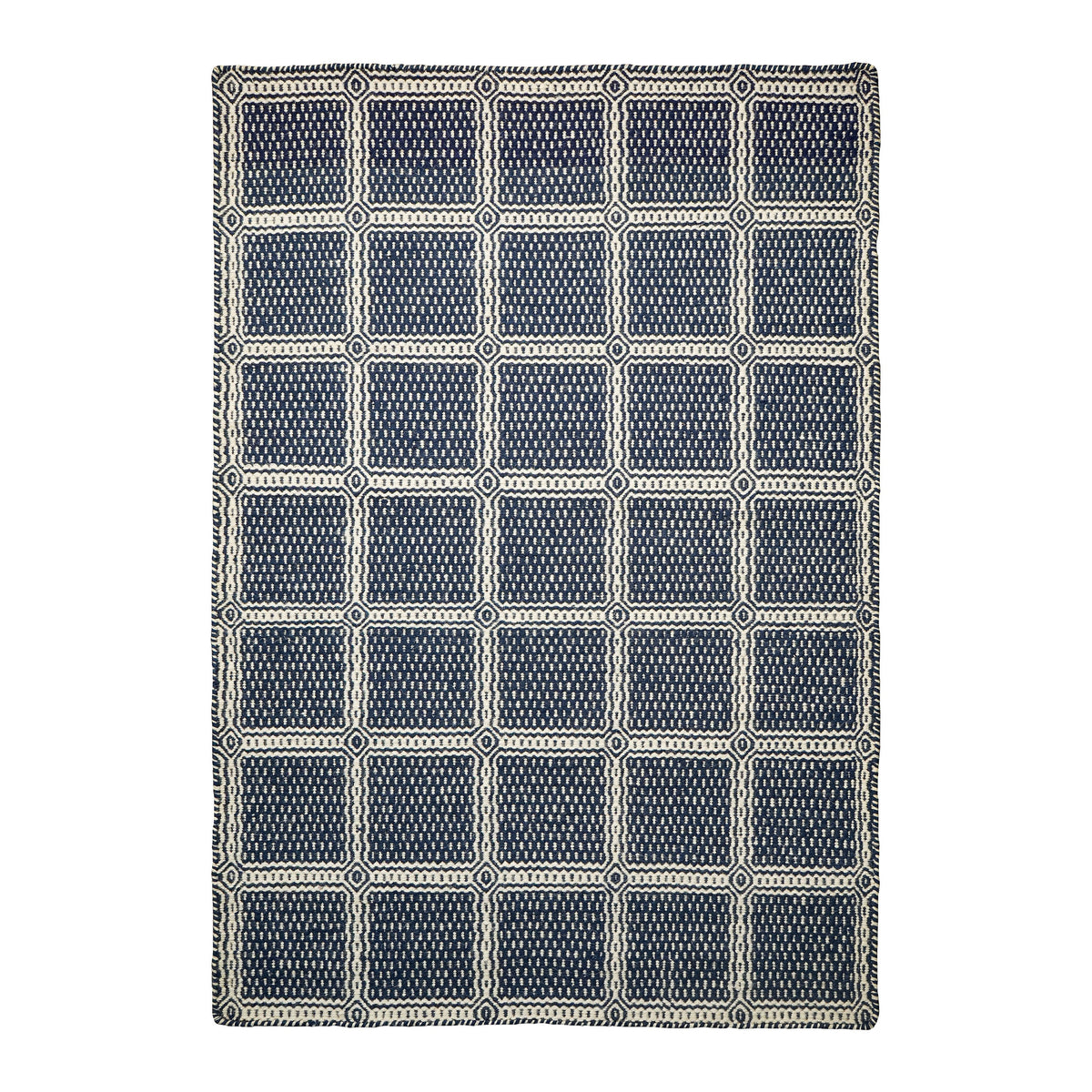 Blue geometric wool rug, full flat view