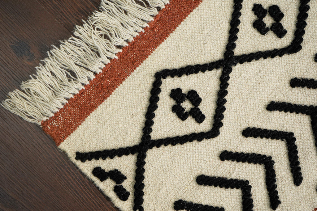 Ivory abstract Hand woven Moroccan Flat weave Living area wool rug, Customization available