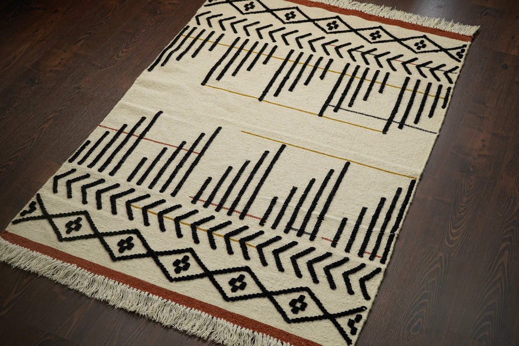 Ivory abstract Hand woven Moroccan Flat weave Living area wool rug, Customization available