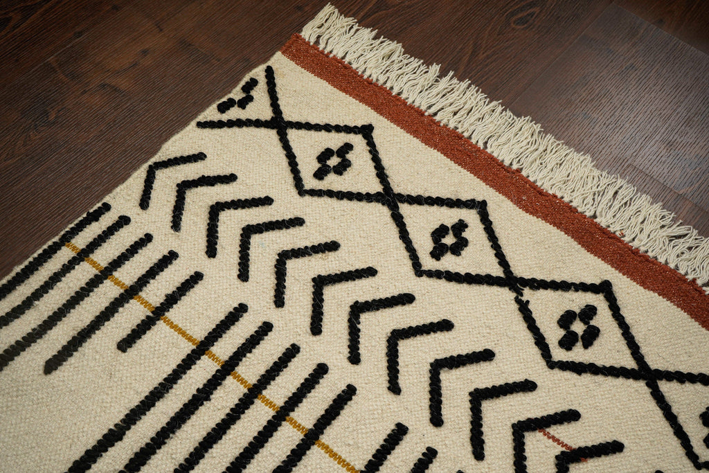 Ivory abstract Hand woven Moroccan Flat weave Living area wool rug, Customization available