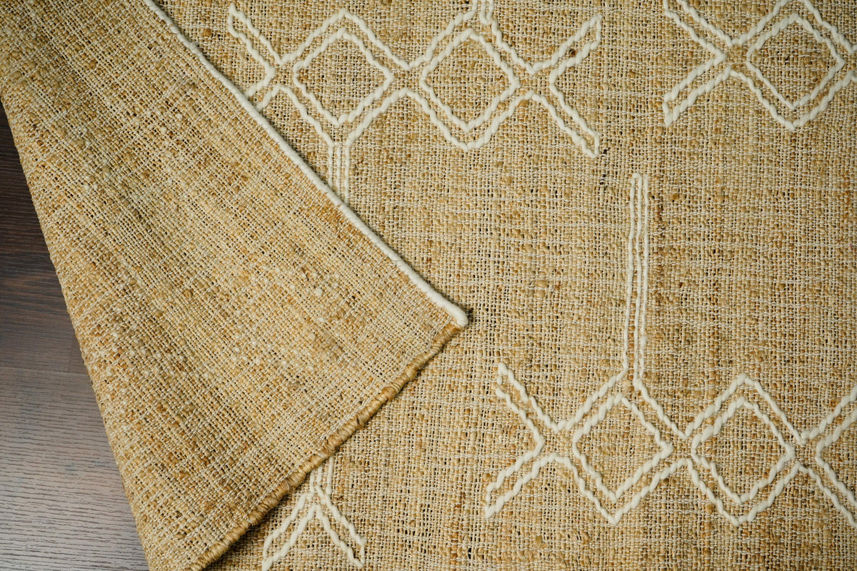 Overhead view of abstract jute rug