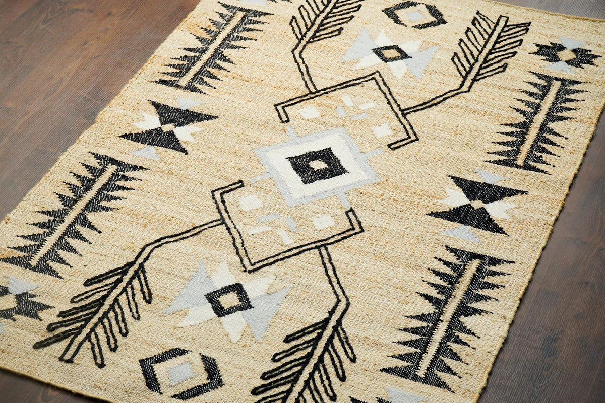Close-up of jute flatweave texture and dot pattern