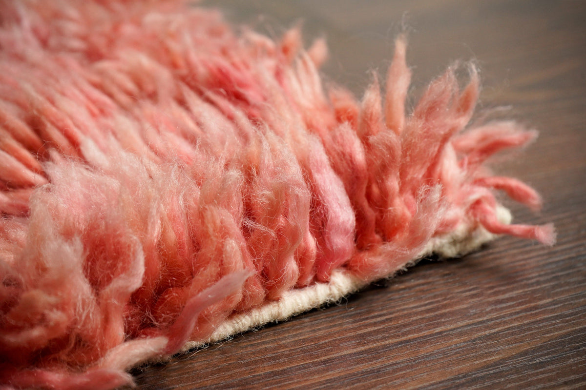 Pink shag rug placed in a living room corner