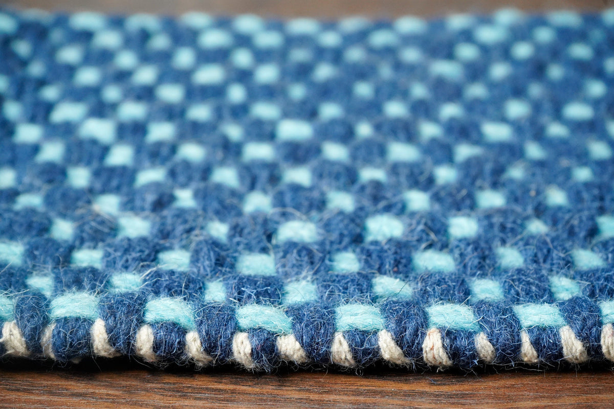 Close-up of blue chunky looped wool texture