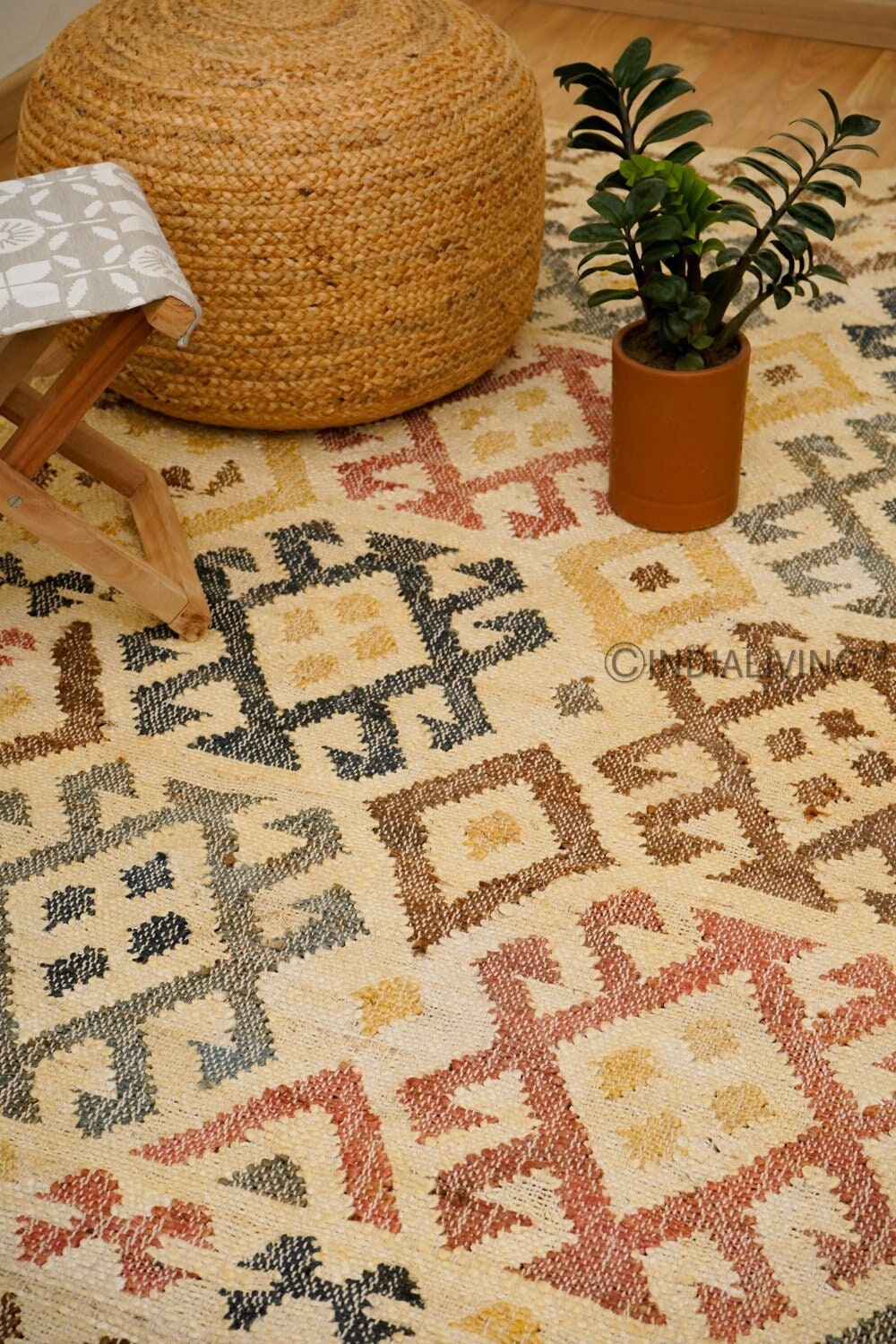 Colourful Aztec jute rug flat view