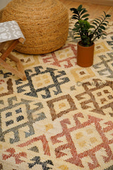 Colourful Aztec jute rug flat view