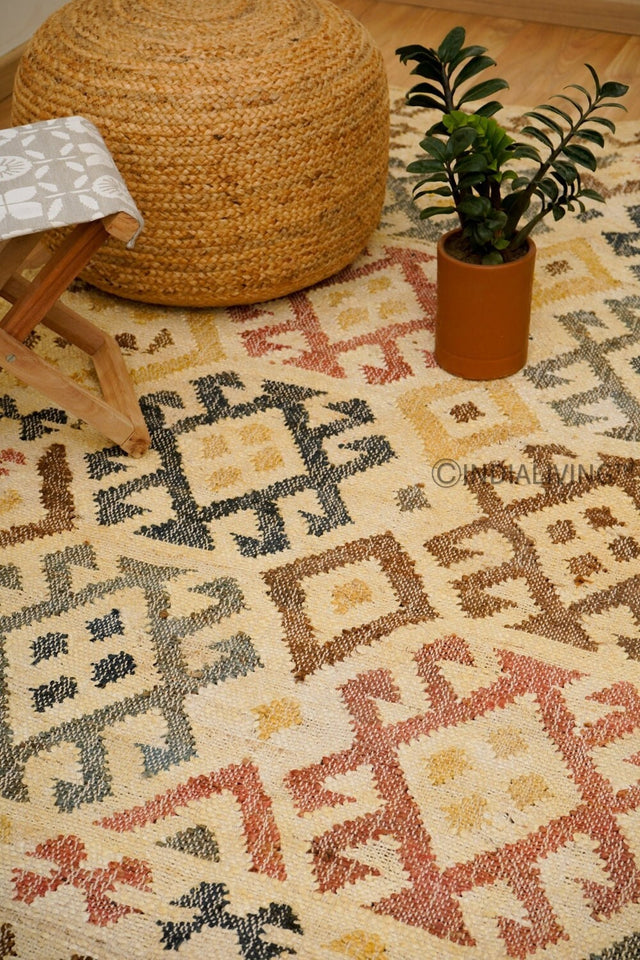 Colourful Aztec jute rug flat view