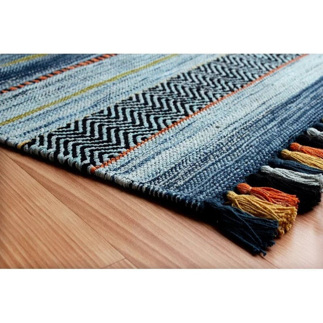 Blue bohemian kilim rug, full flat view