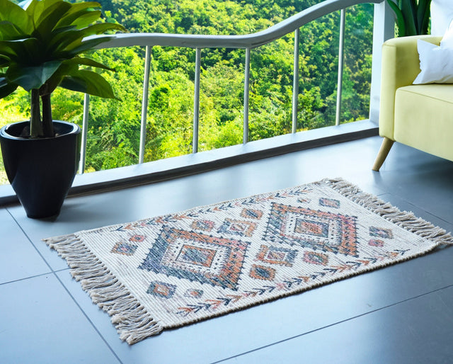 Off white bohemian printed jute chenille rug, full flat view