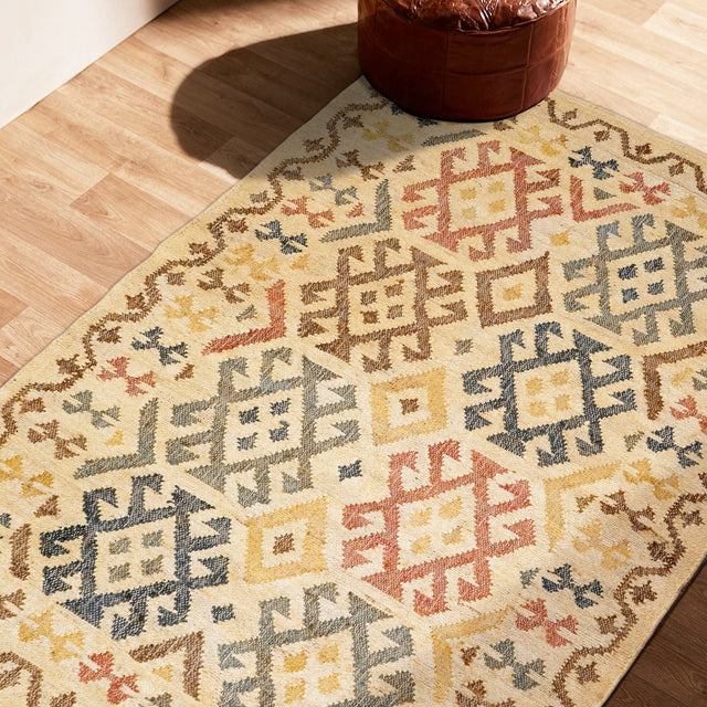 Aztec jute rug styled in living room