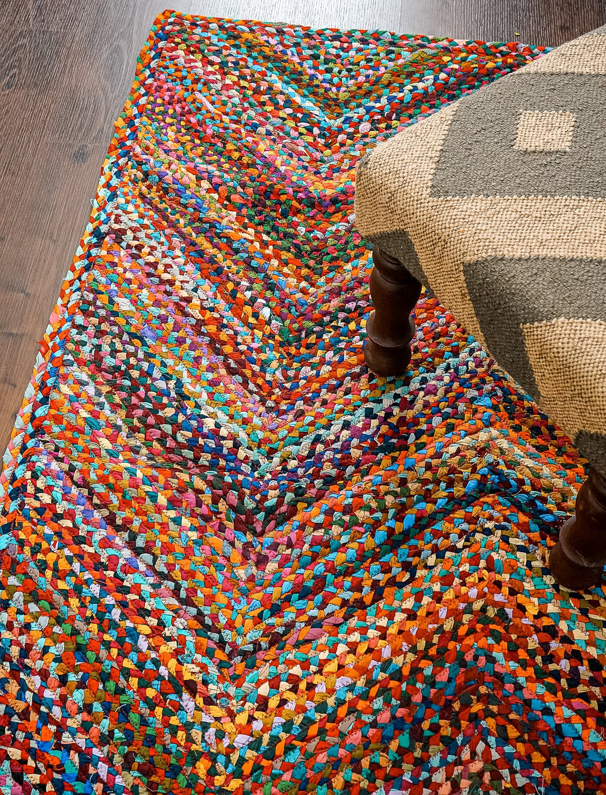 Colourful rag rug styled in a living room