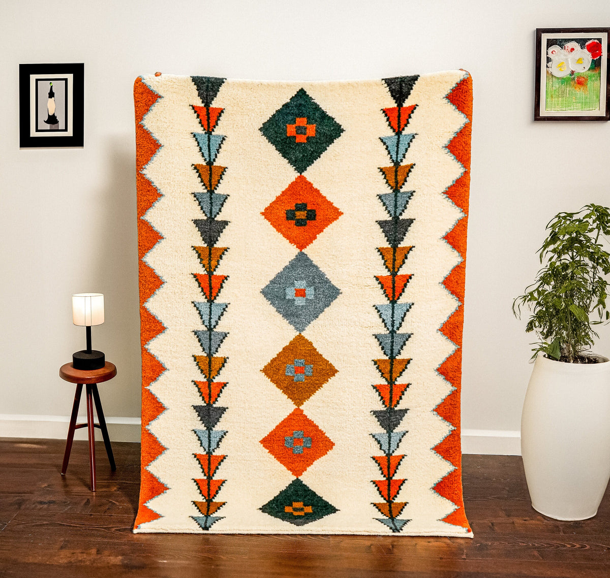 Multicolor Moroccan rug styled in a bohemian living room