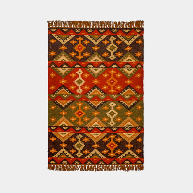 Southwestern kilim rug flat view showing full geometric pattern