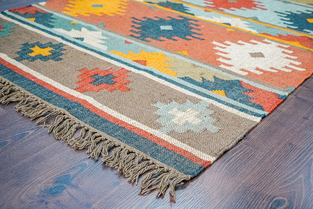 Handwoven Kilim rug - wool Jute navajo Rug - Vintage Boho Decor - Indian Dhurrie Wool Jute Kilim - Custom Size Rug Flat woven rug