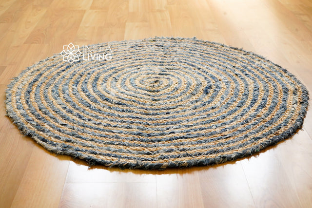 Denim jute braided round rug flat lay showing full pattern