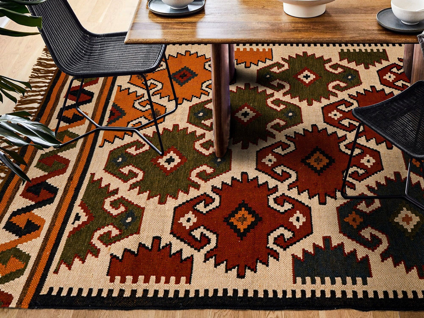Southwestern Aztec kilim rug flat view showing full pattern