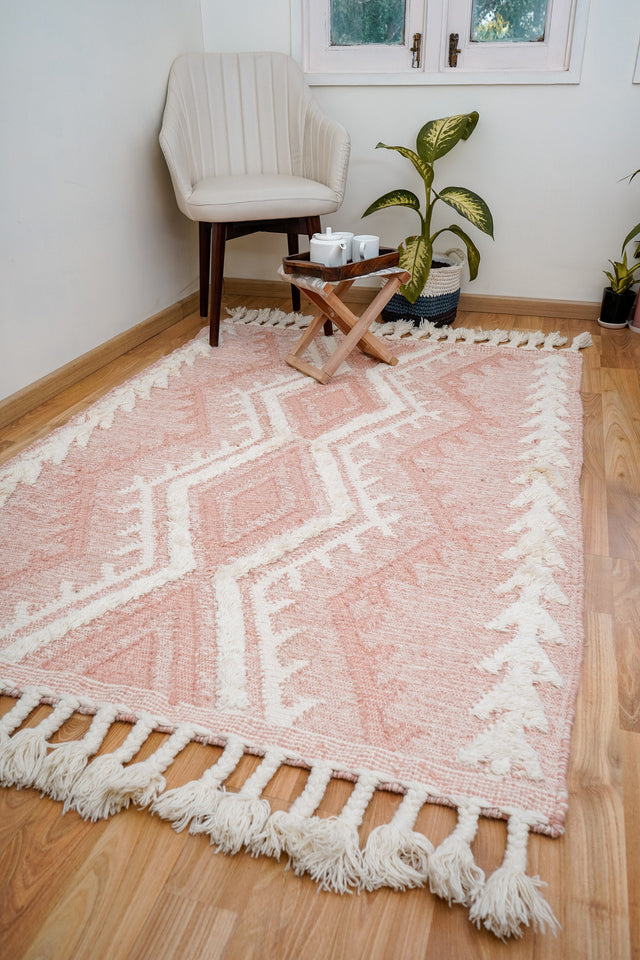 Pink Moroccan shag wool rug, flat lay view