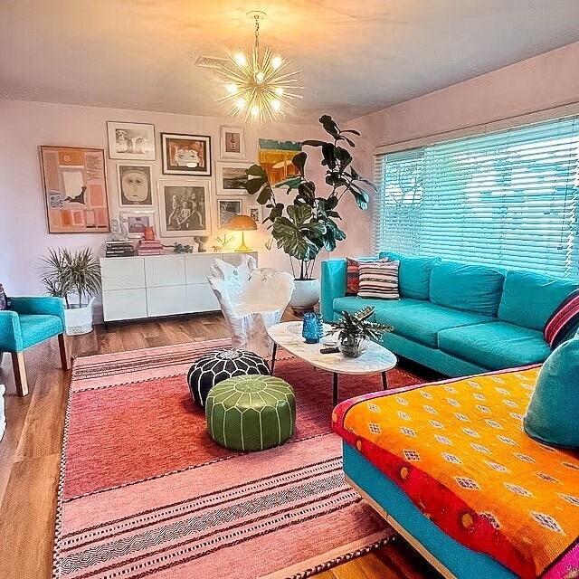 Pink kilim rug styled in a living room