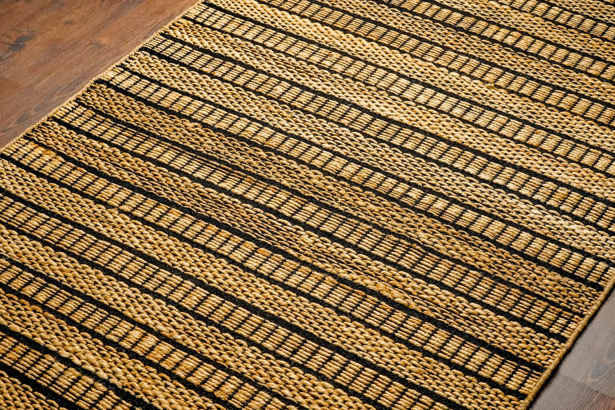 Jute striped rug corner and edge detail