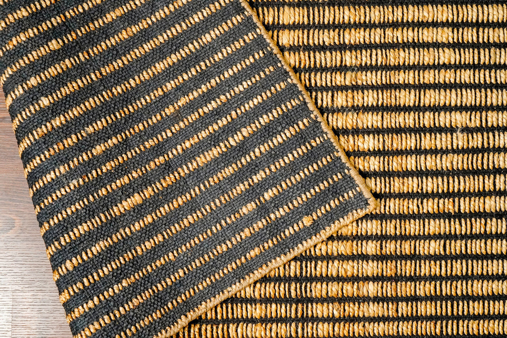 Natural Jute Black Ribbed Flat weave Hand woven Rug, Sustainable Bohemian modern decor, Customization available