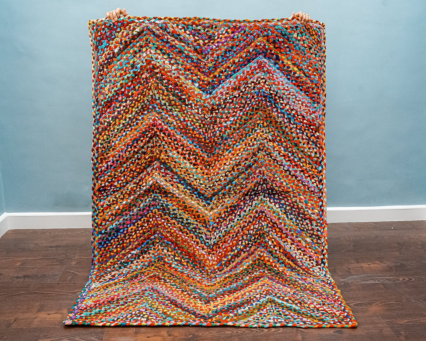 Multi chindi rainbow rag rug, flat lay view