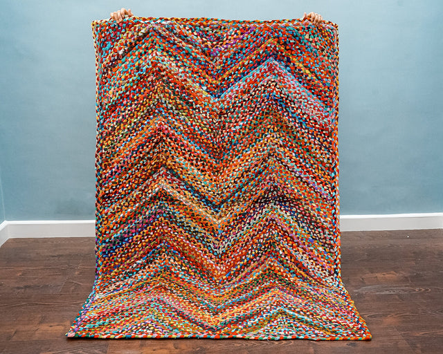 Multi chindi rainbow rag rug, flat lay view