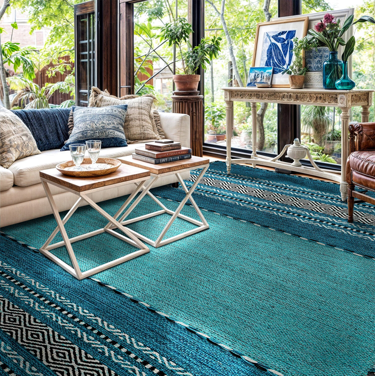 Teal blue kilim rug colour detail