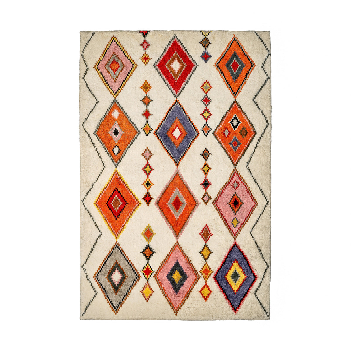 Colourful wool rug texture close-up showing pile