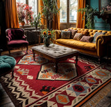 Red southwestern kilim rug, full flat view