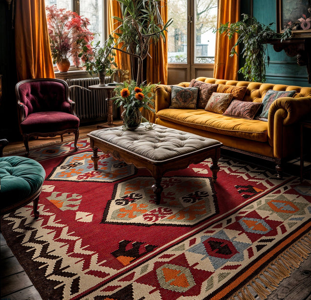 Red southwestern kilim rug, full flat view