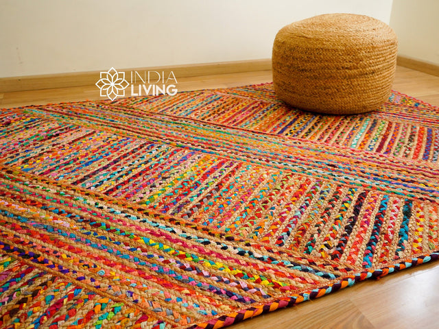 Rainbow striped rag rug styled in an entryway setting