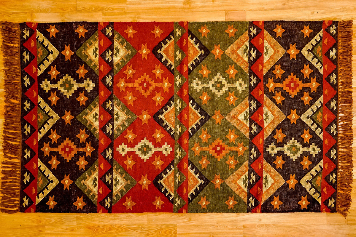Southwestern kilim rug texture close-up showing PET yarn weave