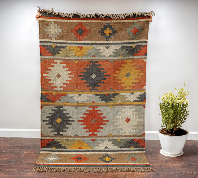 Vintage wool jute kilim rug flat lay showing pattern