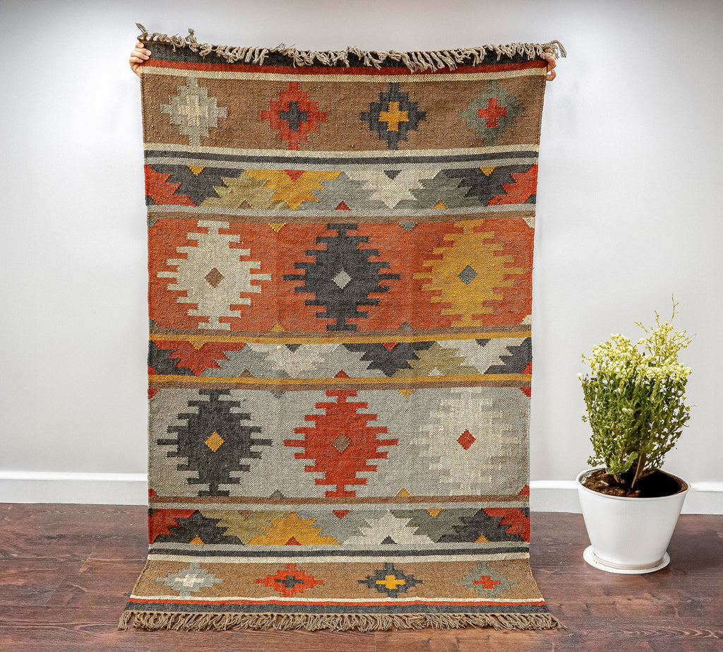 Handwoven Kilim rug - wool Jute navajo Rug - Vintage Boho Decor - Indian Dhurrie Wool Jute Kilim - Custom Size Rug Flat woven rug