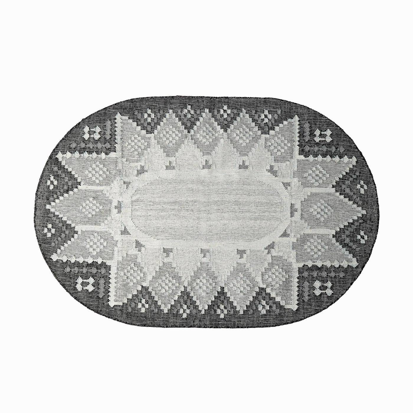 Gray outdoor kilim oval rug, flat lay view