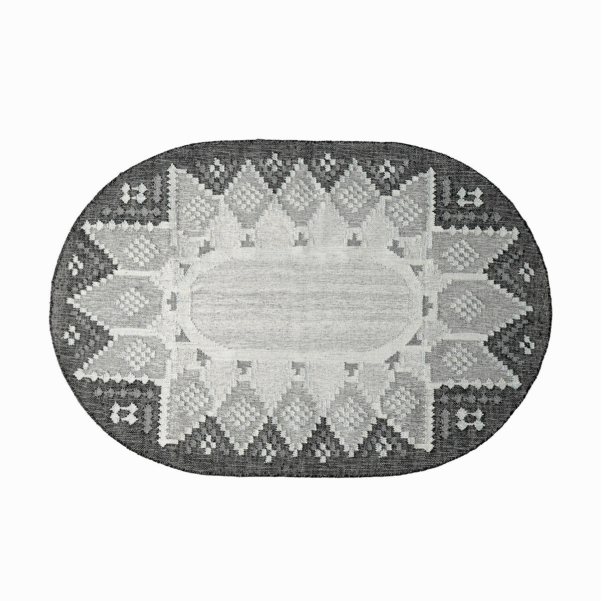 Gray outdoor kilim oval rug, flat lay view
