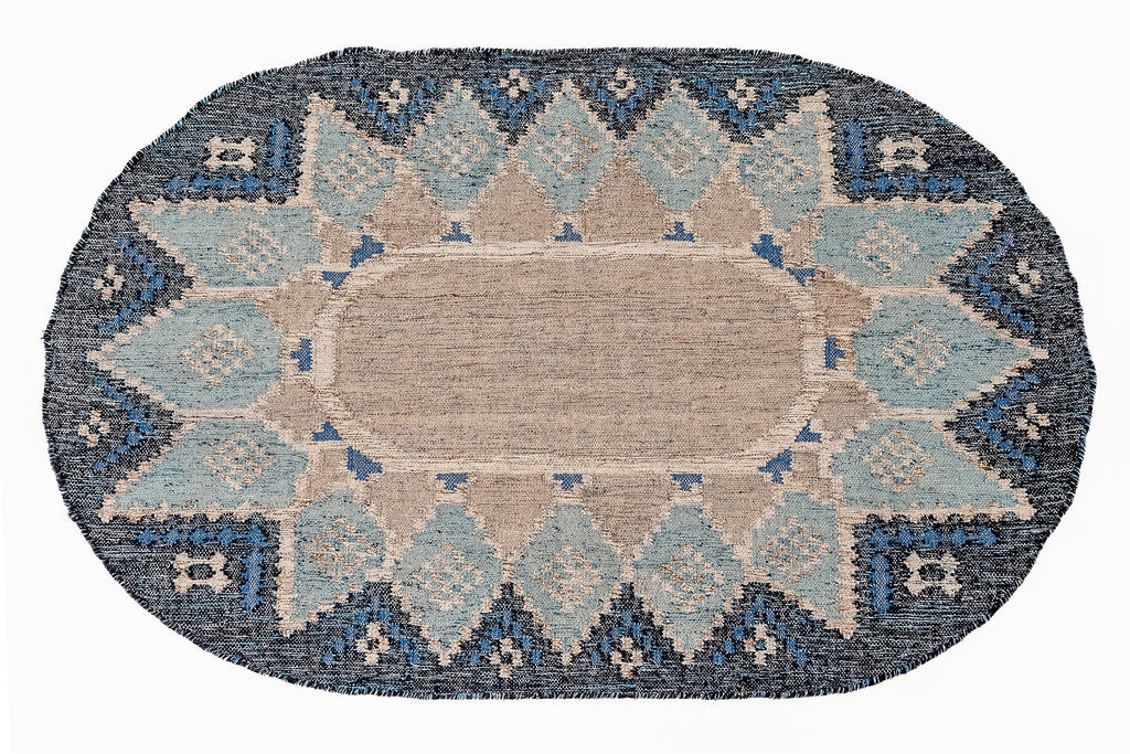 Blue Moroccan Kilim Oval Rug - Bohemian inspired Sustainable Tribal Abstract indoor outdoor Decor oval rug, Eco-friendly