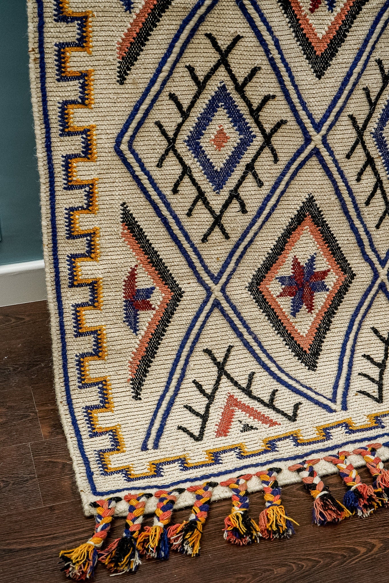 Colourful Moroccan kilim wool rug flat lay