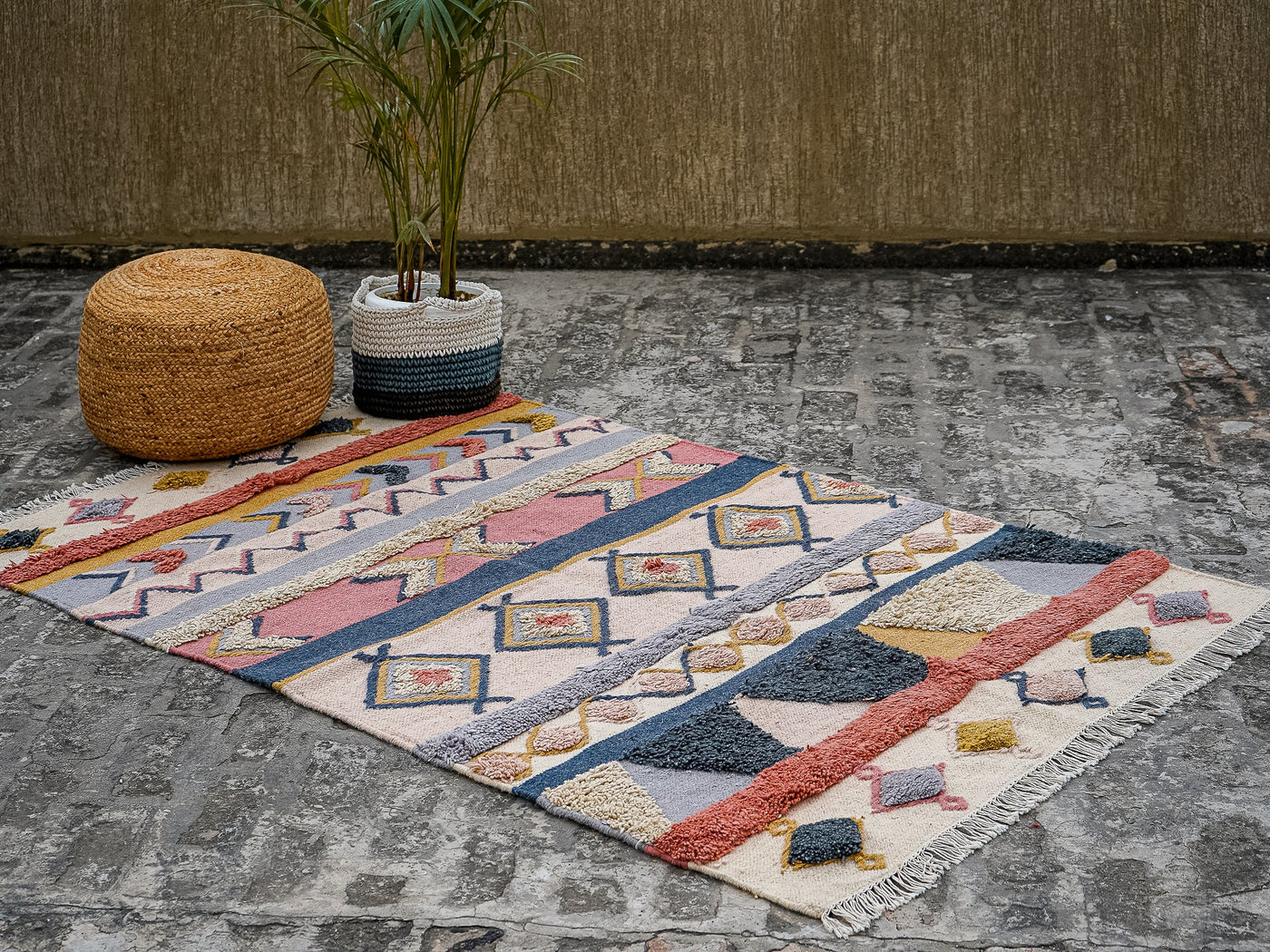 Pastel Moroccan area rug flat lay